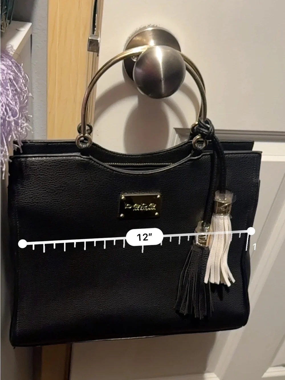 bebe Black Handbag with White & Black Tassels